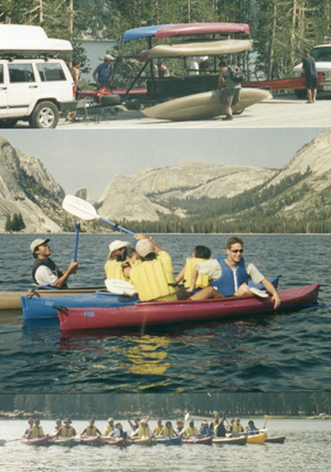 Tuolumne kayakers: two photos of kayakers on Tenaya Lake and one of kayaks being unloaded from the trailer
