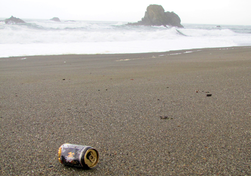 beer can on beach: slightly crumpled beer can in foreground, waves breaking in background