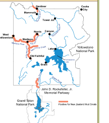 NPS map extent of mud snails invasion 2010: map shows rivers with mud snails invasion