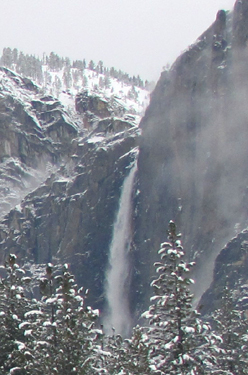 upper Yosemite falls winter 2011: upper Yosemite falls, snow ocvered cliffs and low clouds