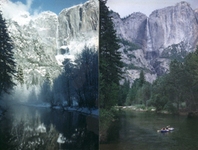Yosemite Falls in summer & winter: Two photos side by side of the same stretch of river with Yosemite Falls in the background, a winter one with bare tree branches and lots of snow and a summer one with lots of leaves on the trees and shrubs and club people floating down the river in an inflatable kayak.