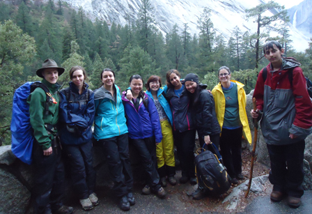 2015 Yosemite hike to Vernal group photo from Thuy Tien Nguyen: group on a Yosemite trail with Nevada Fall in background