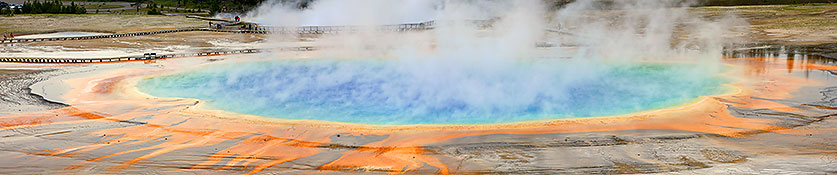 Grand Prismatic Spring by Ron Niebrugge: a steaming blue Grand Prismatic Spring, photo used with permission from the photographer Ron Niebrugge