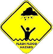 NPS flash flood sign: sign: flash flood warning with rain cloud and person in water
