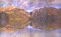 Phelps lake photo collage: hundreds of small photos together to look like a lake