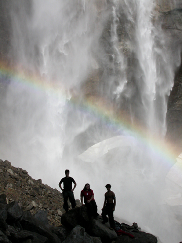 students on rock near base of upper Yosemite Falls: 