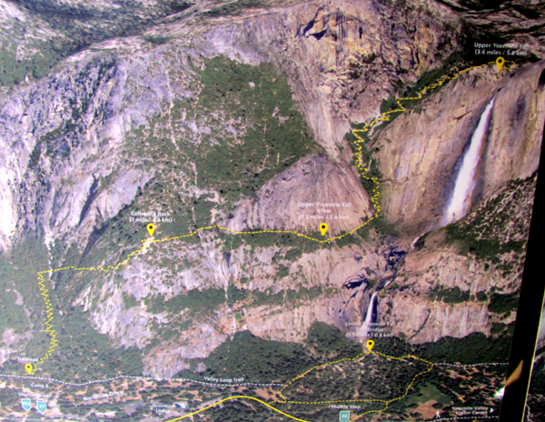 Yosemite falls trail display at visitor center with route.: photo of Yosemite cliffs with Yosemite falls trail outlined
