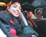 carpool 2009 winter trip: three people stuffed with gear in a small car