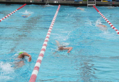 circle swimming: three lanes of swimmers at a pool, people swimming in each in a counterclockwise circle