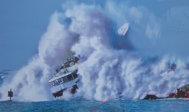 detail of boat in waves from Morro Bay warning sign: detail of large boat in even bigger waves from Morro Bay warning sign