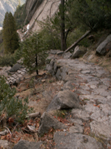 looking down Yose falls trail steps some snow: 