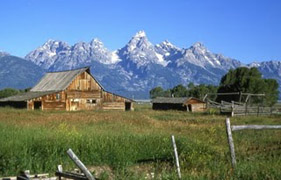 nps photo morman row: Teton peaks in background, barn and outbuildings in middle, grassy field on foreground