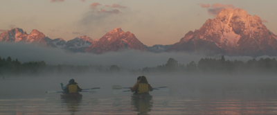 paddling into misty sunrise Tetons: 