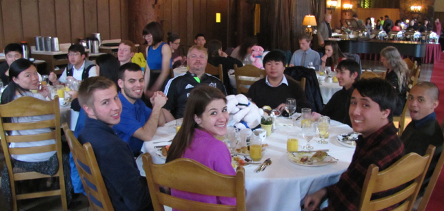 snow camp 2015 2 tables at brunch: Ahwahnee brunch 2 tables of people