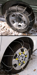 tire chains and cables NPS photos: two tires, one with chains and one with cables, NPS photos