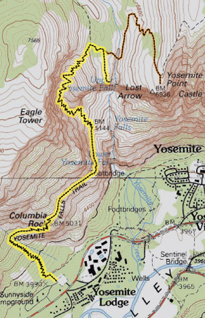 map of Yosemite falls trail: Yosemite topographical map showing the trail to the top of upper Yosemite falls. NPS photo.