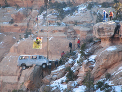 van recovered by crane NPS photo: NPS photo of a van being recovered from a caonyon by a crane