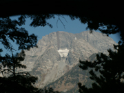 view of Mount Moran through front tent door at Leigh Lake backcountry campsite: 