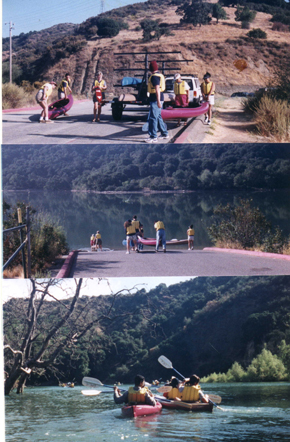 more Stevens Creek kayak pics: kayak trailer, unloading kayaks and out paddling