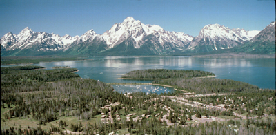 Colter Bay: aerial photo of Colter Bay with Teton range in background