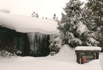 Colter Bay visitor center permits window: Colter Bay visitor center permits window with long icicles