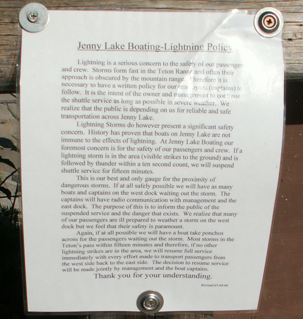 Jenny Lake boating lightning warning 2007: 