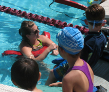Joelle Cope with swimmers at Kid's tri: Joelle Cope with swimmers at Kid's tri photo by Alan Ahlstrand, Red Cross Lifeguard Instructor and Volunteer of Record for De Anza College