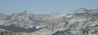 from Mt Hoffman L to R Cathedral peak, Unicorn peak, Johnson Peak, Cockscomb and Echo Peaks: 