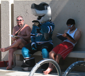 Sharkie, Ken and Quang: lifeguard instructors on a break joined by Shark mascot photot by Alan Ahlstrand, Red Cross Lifeguard Instructor and Volunteer of Record for De Anza College