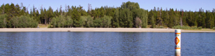 colter bay swim beach: a long beach as seen from the lake