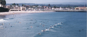 cowells beach surfing: shore in background, ocean with surfers on a set of waves