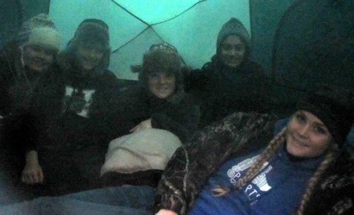 five girls in tent 2014 Yosemite winter trip: five girls in a dark tent