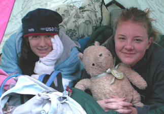 katie allen and brittany peters winter camp 2009: katie allen and brittany peters in thier tent with Pooh on the winter camp 2009
