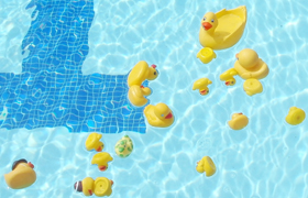 not all rubber duckies float upright.: rubber duckies floating in pool, some upright, some upside down