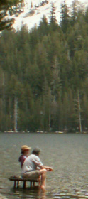 sitting on submerged picnic table Tenaya early summer: 