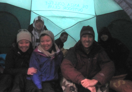 six in tent Yosemite winter 2014: six people in a dark tent