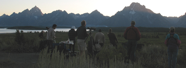 sunset Lunch Tree Hill Sept. 2009: Teton range above Jackson Lake and group of people in the foreground after sunset