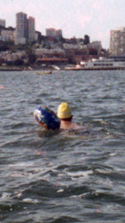 Alcatraz swimmer with helium balloon: 