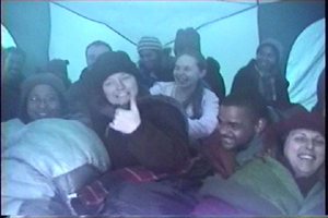 Yosemite snow camp Feb 2005 group in tent: 