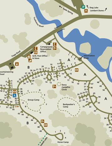 tuolumne campground map group sites area: map with road, campground and part of a river