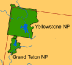 Teton Yellowstone location on Wyoming map: Small map showing Grand Teton and Yellowstone national parks in the northwest corner of Wyoming. Map courtesy of NPS.