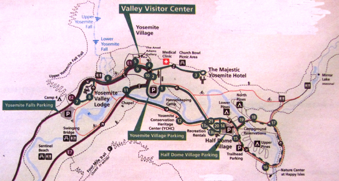 map with roads, some trails and Yosemite Valley shuttle bus stops, courtesy of NPS