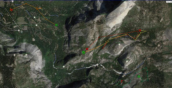 Using GPS technology, Yosemite's wildlife managers can track and protect the park's black bears. This map shows the path of four different bears near and in Yosemite Valley on May 21, 2015.