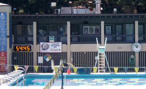 west end of pool complex at De Anza College showing part of the diving well and an upstairs hallway