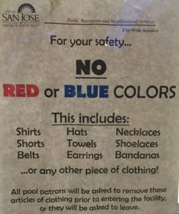 sign no red or blue colors at pool