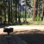 picnic table and grill, view of Yosemite Falls in background partially obstructed by trees