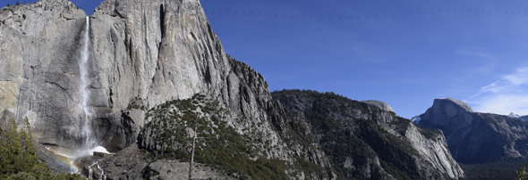 upper Yosemite Falls and Half Dome from a trail