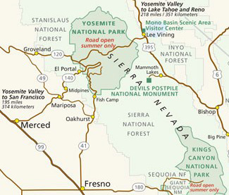 road map of Yosemite National park area