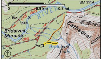 NPS map of short walk to Bridalveil fall in Yosemite Valley