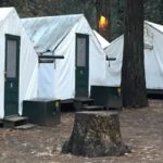 tent cabins with a row of bearboxes in the foreground